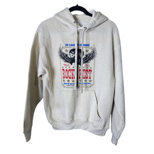 Pacific & Co Rock Fest Graphic Hoodie Beige Size Small Fleece Pullover NWOT